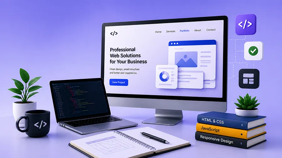 Illustration of a web development workspace with code, HTML, CSS and JavaScript learning materials