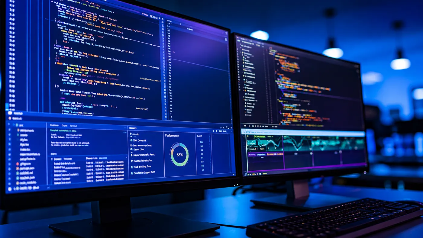 Professional web development workspace with code editor screens for small business websites