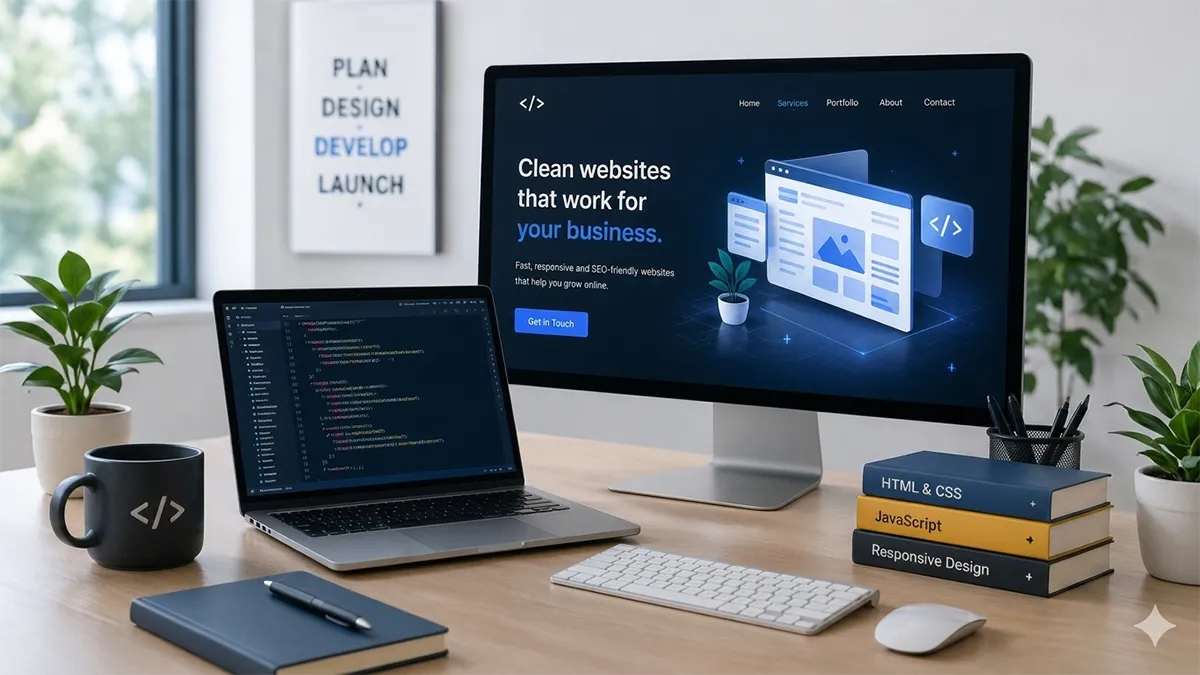 Professional web development workspace showing a clean small business website design on a desktop screen